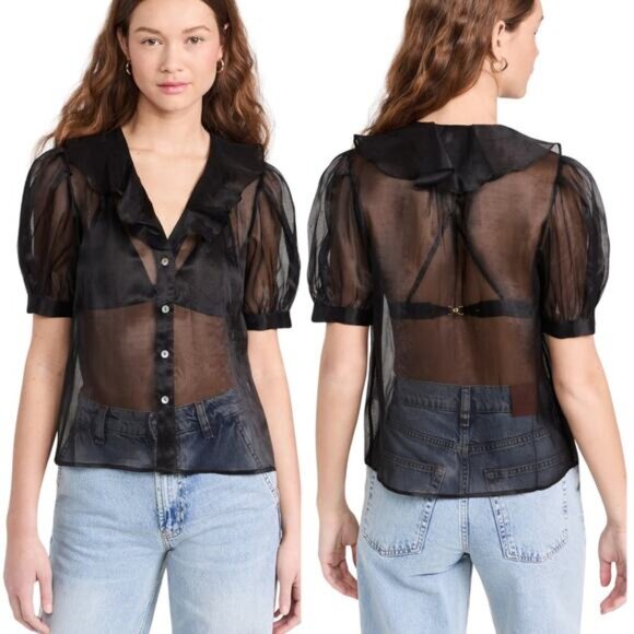 NWT Lingua Franca Sheer Ruffle Edges Short Sleeve Odette Top Black Size: Large - Picture 7 of 7